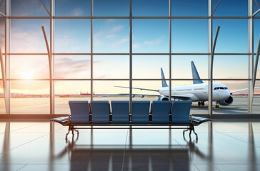 Clean airport waiting area interior with seats and windows with landscape view. Travel and lifestyle concept