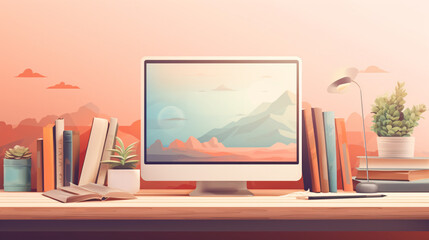 Mockup of PC with illustration in easy pastel colors 