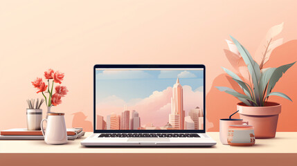Mockup of PC with illustration in easy pastel colors 