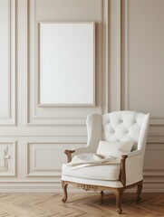 Classic armchair near paneling wall with empty poster frame with copy space. Home interior design of mid century living room. 