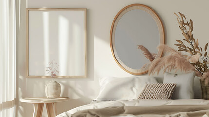 Oval shape mockup photo frame plastic border, on bedside table in modern living room, 3d render