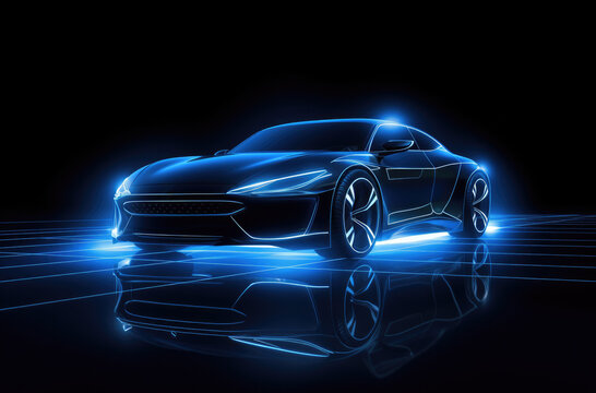 car is shown in the background with glowing lines and neon light effects, creating an atmosphere of futuristic technology.