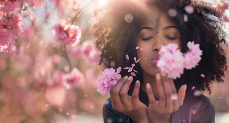 Beautiful black woman blowing pink flower blossoms out of hand, copy space on spring background - obrazy, fototapety, plakaty