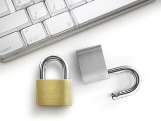 Computer security concept. Unlocked padlock on laptop keyboard. Symbol of safe. transparent...