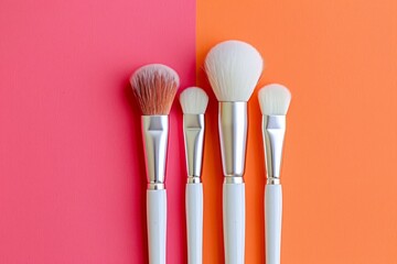 still life makeup brushes and powder on pink and orange background