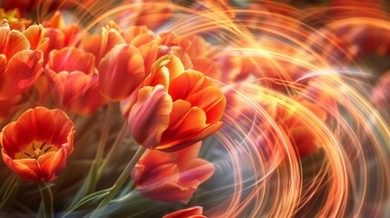 Dynamic light trails swirling around spring tulips