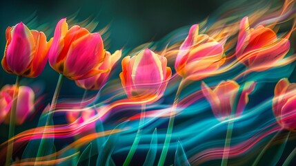 Dynamic light trails swirling around spring tulips