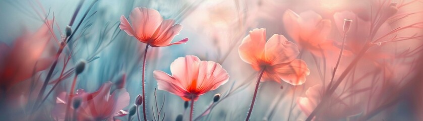 Ethereal flowers captured with a slow shutter speed creating a soft - obrazy, fototapety, plakaty