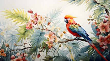 Wild Tropical Leaves and Flowers with a Rainbow Parrot Bird in Chinoiserie Art Style Digital Illustration 