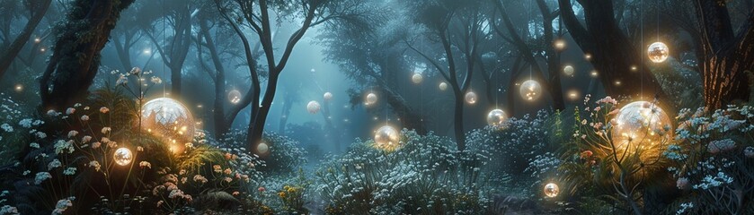 Floral light orbs in a mystical forest setting