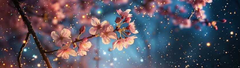 Backlit cherry blossoms against a starry sky