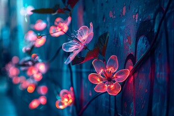 Neon blossoms painted with light to stand out in an urban night setting