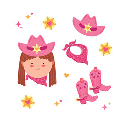 Сowgirl set vector. Cowboy boots, cowboy hat, sheriff star for invitation, wrapping paper, packaging etc.