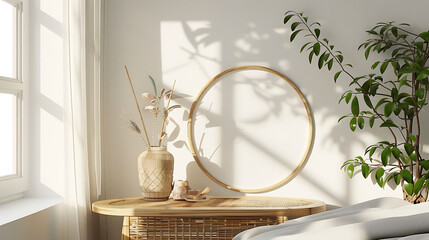 Oval shape mockup photo frame bamboo border, on bedside table in modern living room, 3d render