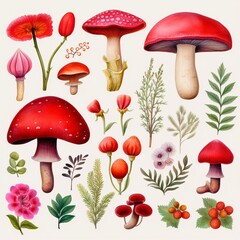 Forest floor treasures in watercolor mushrooms and botanicals