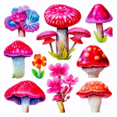 Fungal beauty watercolor mushrooms with floral accents