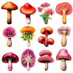Fungal beauty watercolor mushrooms with floral accents