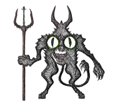 Skull head Monster with horns and big eyes and tail holding a trident. Doodle sketch. Linear Vector illustration.