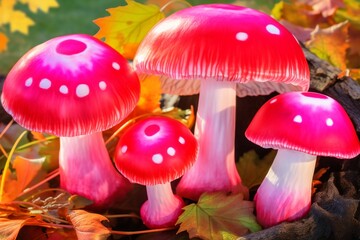 Watercolor illustration of mushrooms among autumn foliage