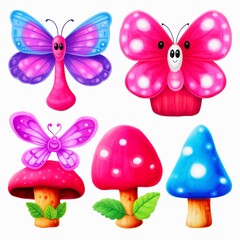 Whimsical mushroom and butterfly watercolor illustrations