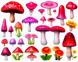 Whimsical watercolor mushrooms and forest elements detailed and vibrant