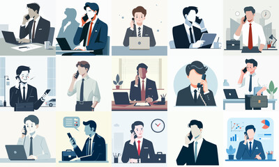 Vector set of businessman making a telephone call in flat design style