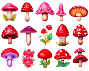 Whimsical watercolor mushrooms and forest elements detailed and vibrant