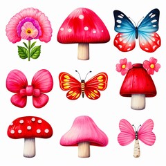 Whimsical mushroom and butterfly watercolor illustrations