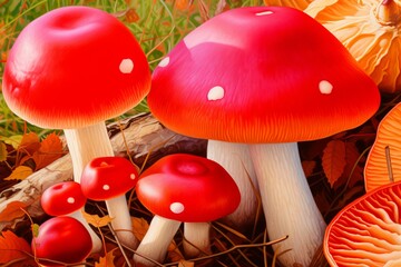 Watercolor illustration of mushrooms among autumn foliage