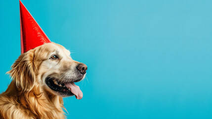 Cute dog celebrating with red pary hat - obrazy, fototapety, plakaty