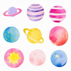 Abstract watercolor galaxy with planets