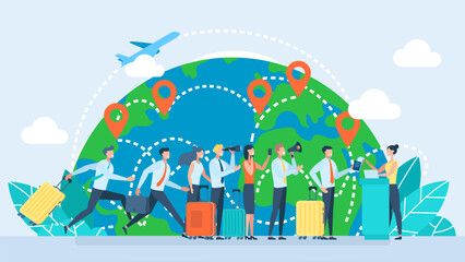 Fototapeta na wymiar Airport check-in passengers standing in line before travel. Planes are flying in midair and positioning pins are attached to various places in the world for travel concept. Vector flat illustration 