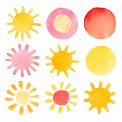Bright watercolor sun and abstract clouds