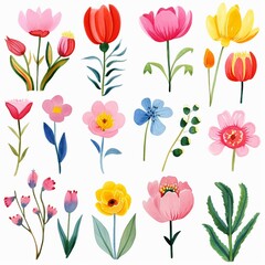 Cartoon-style watercolor plants and flowers
