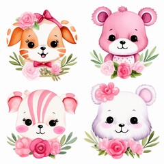 Cute watercolor flower and animal sets