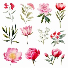 Elegant watercolor botanicals flowers and leaves