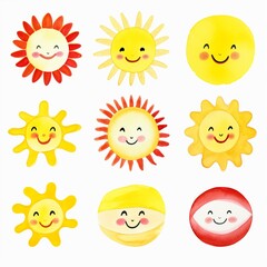 Sunny watercolor doodles cute sun faces and sunbeams