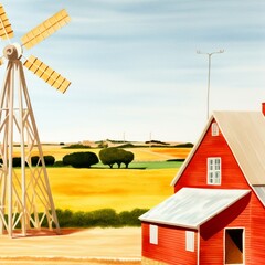Vintage farm scene in watercolor barn