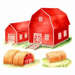 Vintage watercolor illustration of a farm with a red barn and hay bales