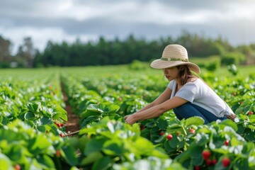 Young Asian woman farmer or gardener picking strawberries in the field