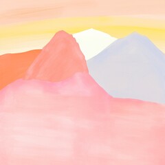 Warm watercolor sunrise over mountains with soft pastel sky
