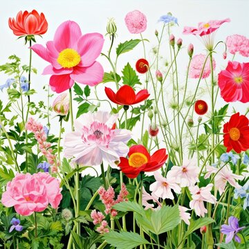 Summer garden in watercolor blooming flowers