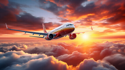 Verkehrsflugzeug fliegt bei Sonnenuntergang am wolkengefüllten Himmel - obrazy, fototapety, plakaty