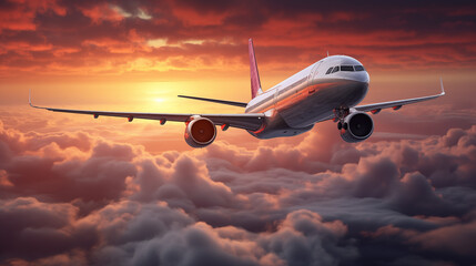 Verkehrsflugzeug fliegt bei Sonnenuntergang am wolkengefüllten Himmel - obrazy, fototapety, plakaty