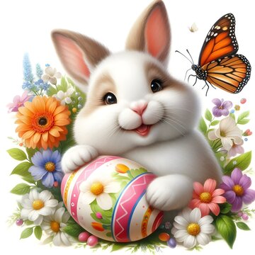Cute cheerful bunny close-up, smiling broadly and holding a colored egg in his hands, flowers around the butterfly. Easter holiday, a painted egg and a cheerful little rabbit, brightly colorful decora