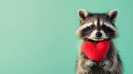 A raccoon stands against an isolated green background, holding a plush red heart close.