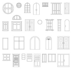 Set of contour entrance doors and windows isolated on white background. Clipart.