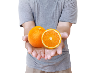 fresh orange on the hand man, transparent background