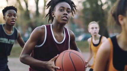 Diverse teenagers playing basketball together at a neighborhood park