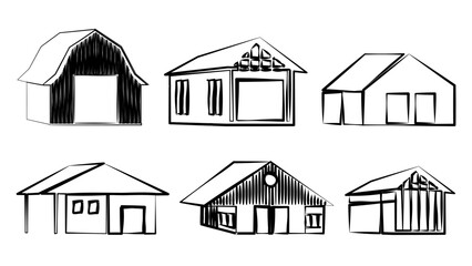 Set of outline farm barns and houses isolated on white background. Rural clipart.